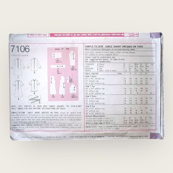 Vintage 1970s Simplicity Sewing Pattern 7106 Girls Dress Top Size 7 - Picture 2 of 2